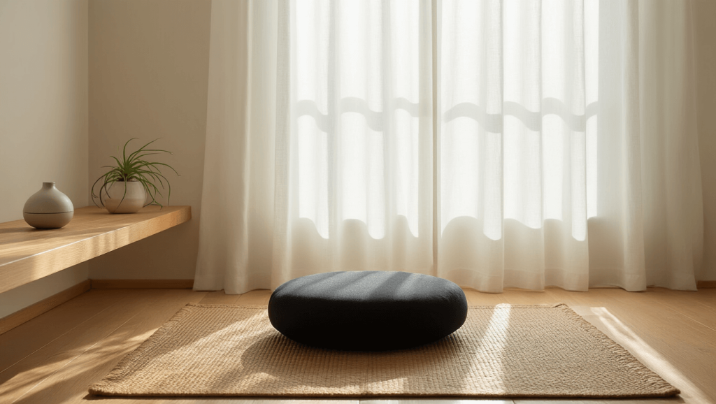 "Serene Japanese-style meditation room with natural sunlight, black zafu cushion on jute rug, bamboo flooring, and wooden shelf with ceramic diffuser and air plant."