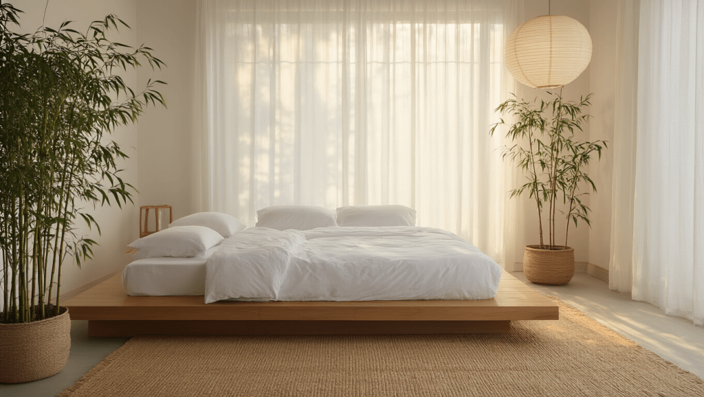 "Serene minimalist bedroom with teak platform bed, sheer curtains, bamboo plant, jute rug, and paper lantern light in warm morning sun."