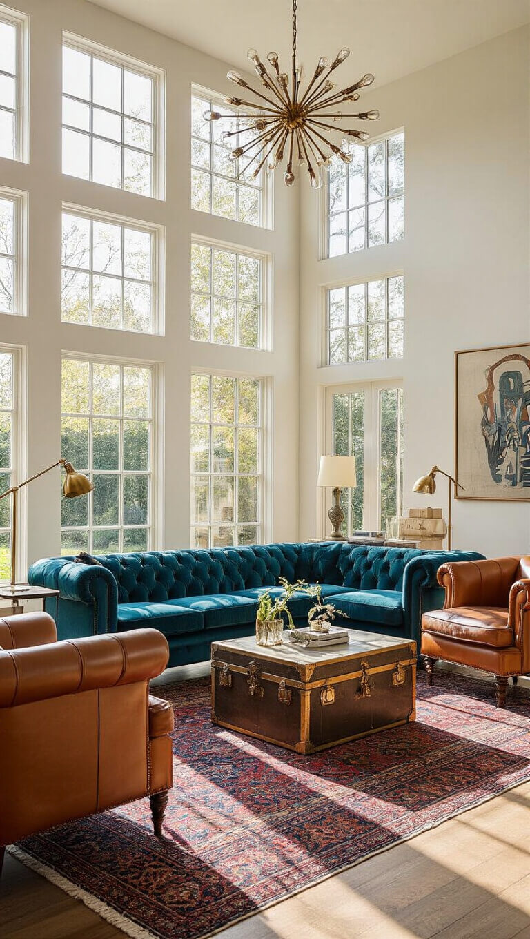 Sunlit living room with teal velvet Chesterfield sofa, Persian rug, mid-century armchairs, and vintage decor, captured from low corner angle.