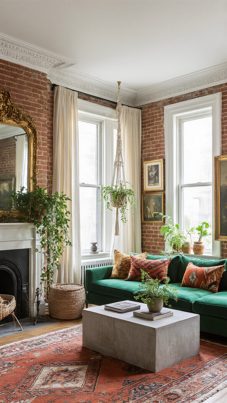 Eclectic living room with emerald green sectional, exposed brick walls, gold mirror, concrete console, and bay windows with sheer curtains filtering morning light.