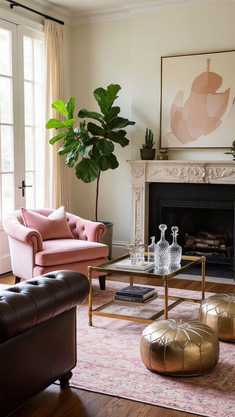 Cozy 16'x20' sitting room with hardwood floors, limestone fireplace, pink velvet chair, leather Chesterfield, black Chinese cabinet, abstract art, brass bar cart with crystal decanters, fiddle leaf figs, and metallic Moroccan poufs in golden hour lighting.