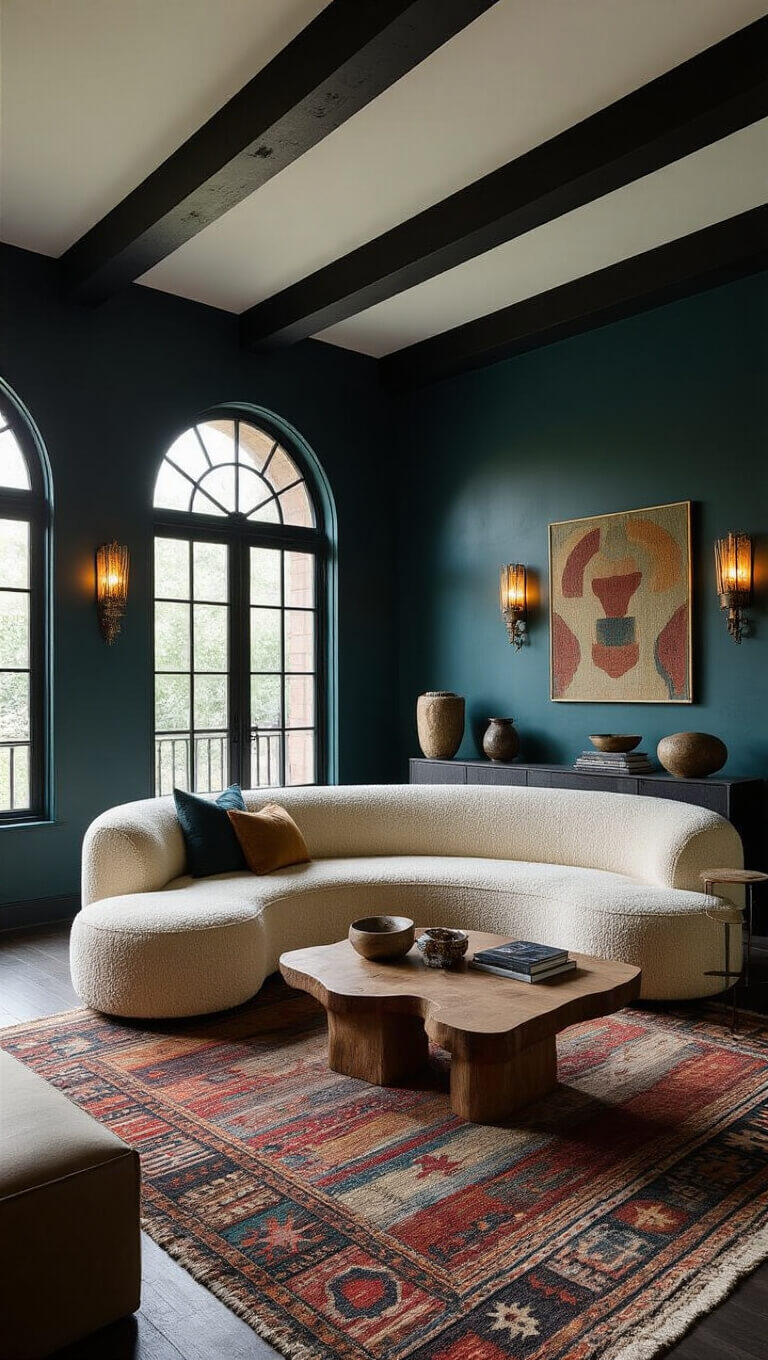 Dramatic living room with black beams, arched windows, cream curved sofa, dark teal walls, vintage kilim rug, and moody dusk lighting.