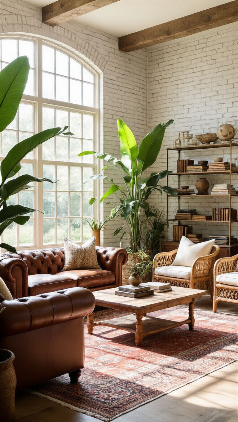 Bright great room with leather Chesterfield, rattan chairs, tropical plants, and brass shelves in sunlit industrial space.