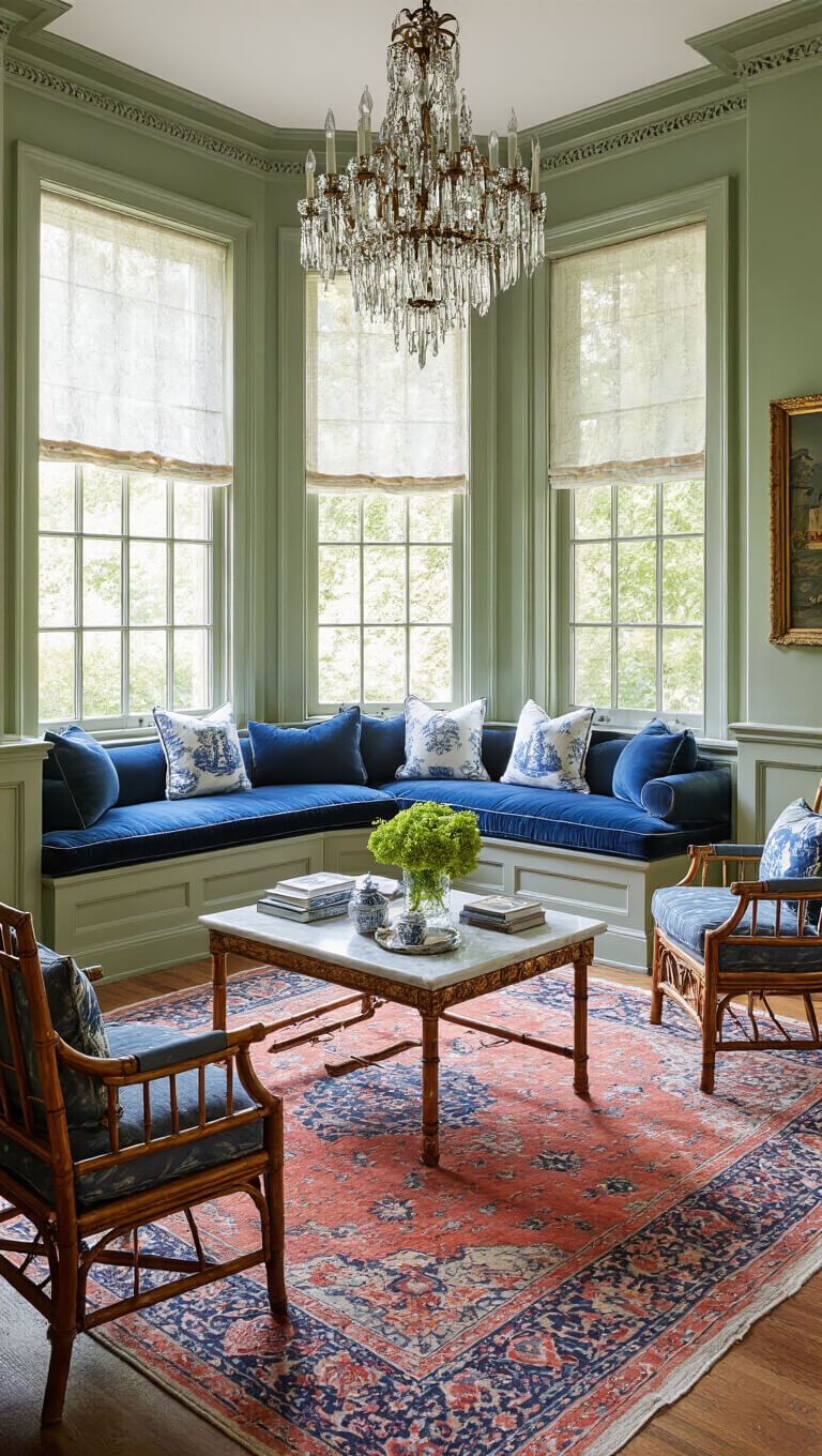 Elegant sitting room with sage green walls, navy velvet settee, vintage bamboo chairs, and a marble-topped gilded coffee table over a faded coral and blue Persian rug, bathed in late afternoon light from a bay window.