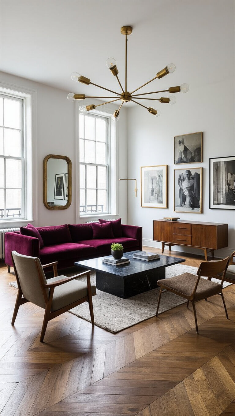 Sophisticated living room with herringbone floors, burgundy velvet sofa, mid-century chairs, black marble coffee table, brass chandelier, and gallery walls.
