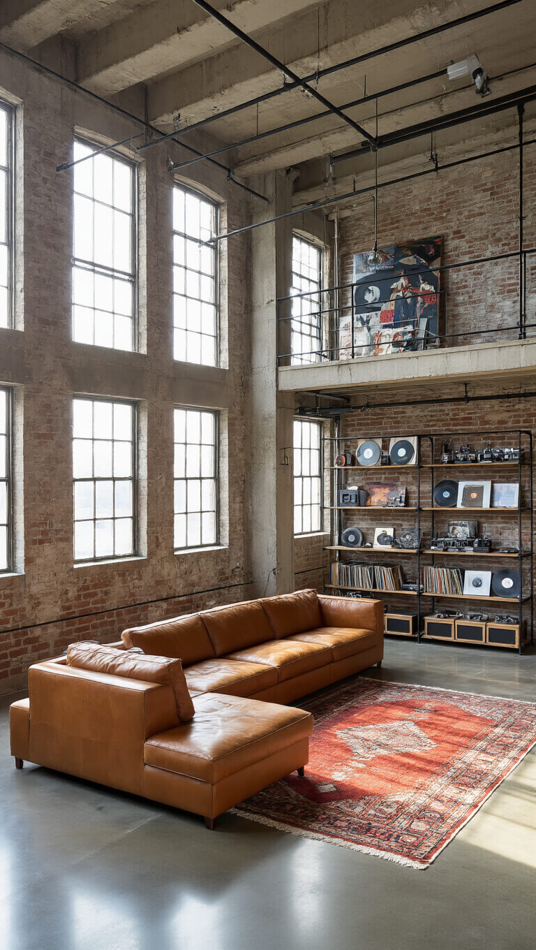 Loft living area with concrete floors, cognac leather sectional, exposed columns, warehouse windows, and industrial decor viewed from mezzanine.