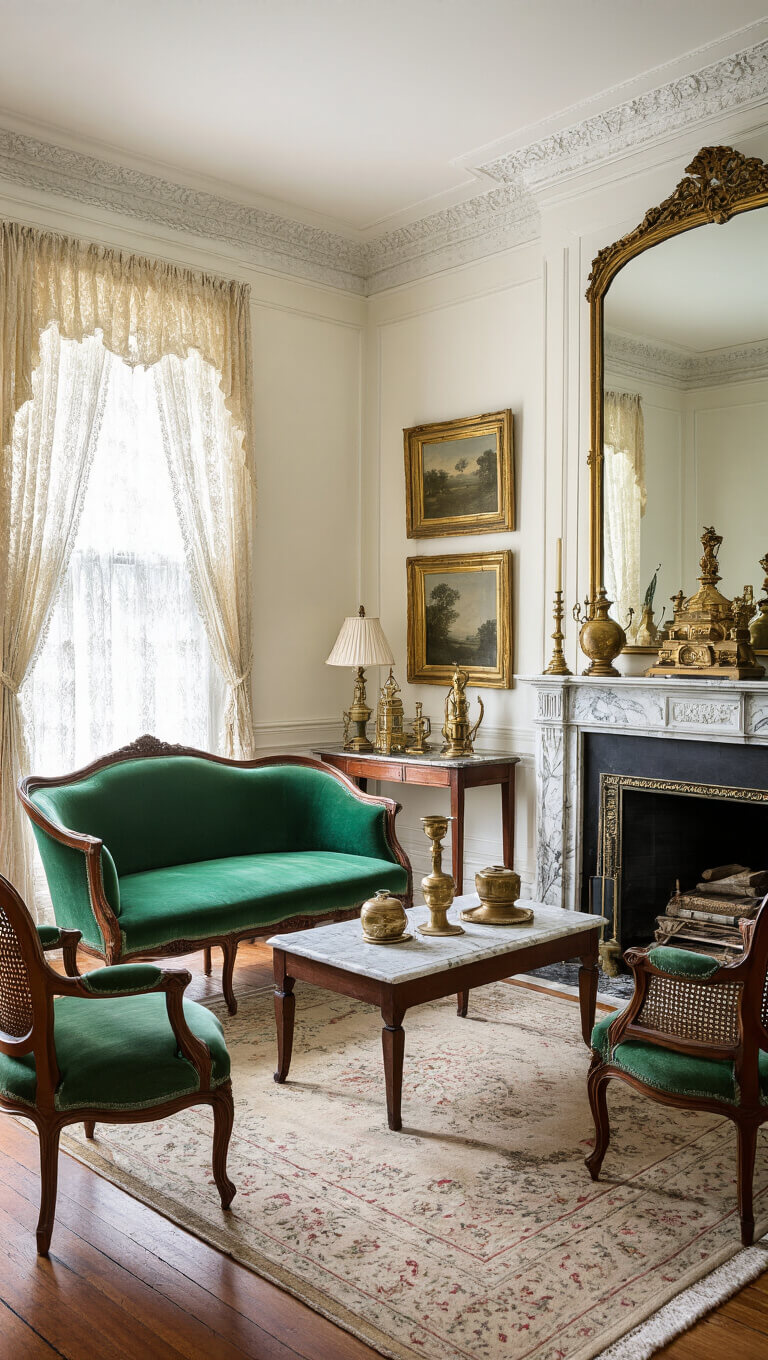 Elegant parlor with marble fireplace, emerald velvet settee, and vintage brass decor bathed in afternoon light.