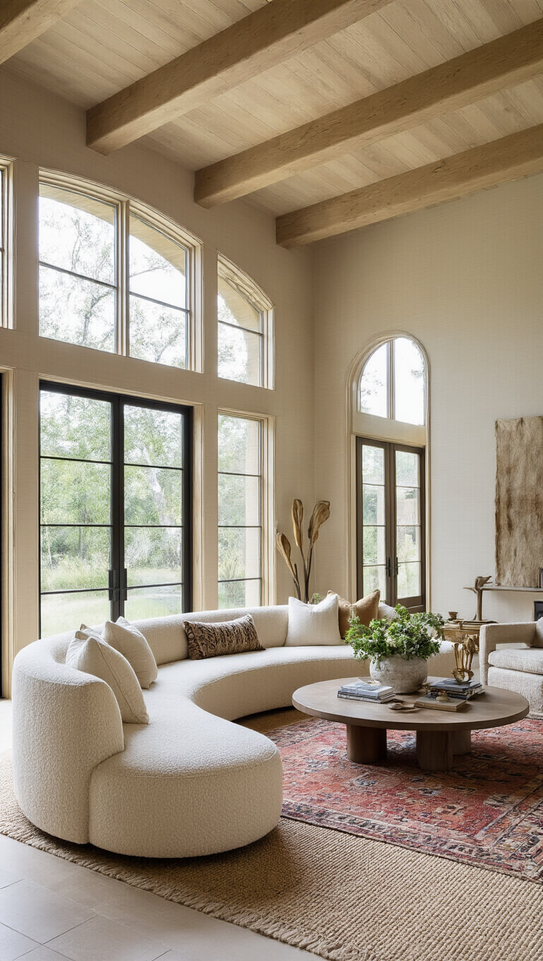 Modern great room with floor-to-ceiling windows, blonde wood beams, cream bouclé sofa, grasscloth walls, layered Moroccan and sisal rugs, and mixed metal accents.