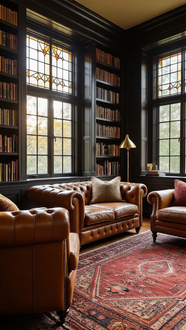 Cozy 18'x20' den with dark paneled walls, built-in bookshelves, leaded glass windows, camel leather Chesterfield sofa, vintage kilim chairs, layered Persian rugs, and brass library lights illuminated in golden hour light.