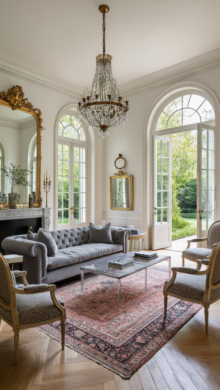 Elegant living room with high ceilings, grey velvet sofa on vintage rug, French doors, gilt mirrors, and mix of classic and modern furniture.