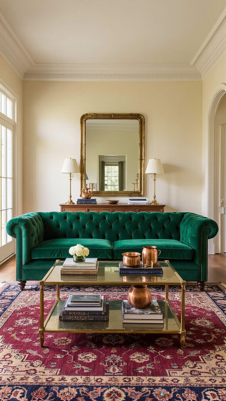 Sunlit living room with emerald green Chesterfield sofa, Persian rug, brass-and-glass coffee table, and art deco mirror, framed by ivory walls, crown molding, and floor-to-ceiling windows at golden hour.