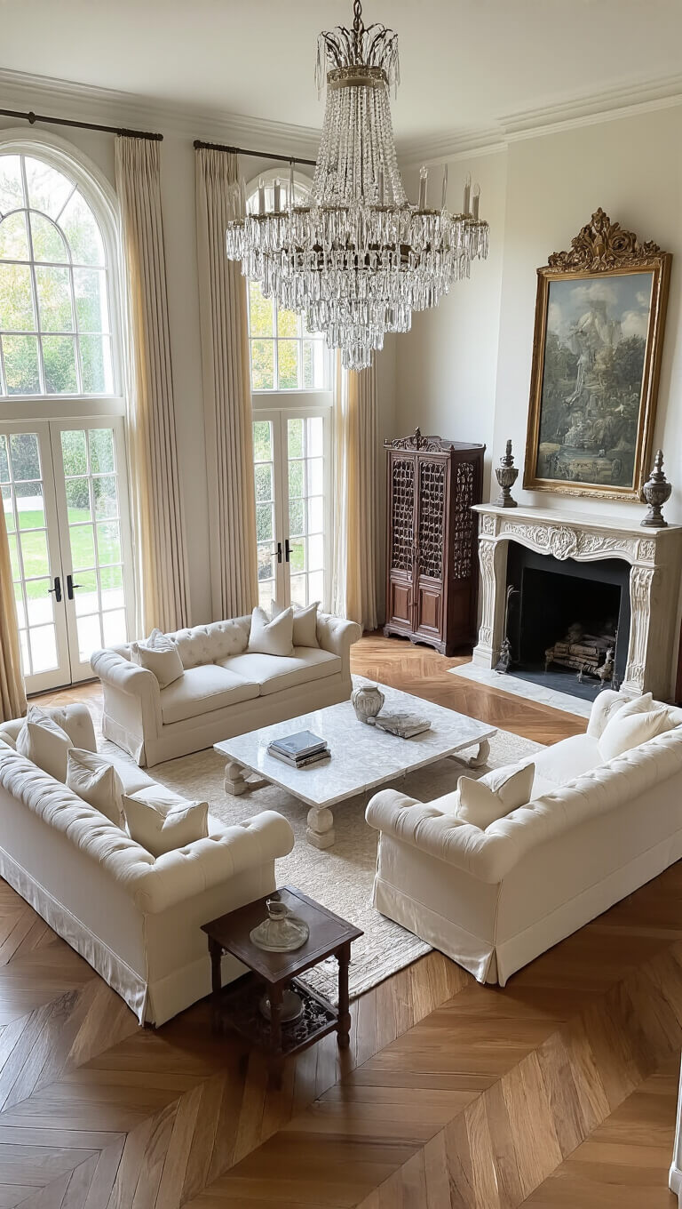 Elegant formal living room with cream sofas, marble coffee table, crystal chandelier, antique Chinese screens, and natural light from French doors.