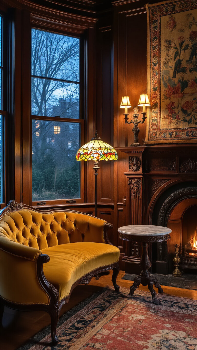 Cozy twilight sitting room with gold velvet Art Nouveau settee, Tiffany lamp casting colors on dark paneled walls, vintage tapestry over carved oak fireplace, viewed from doorway.