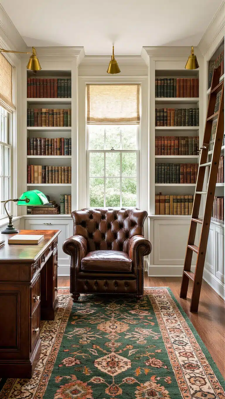Cozy library nook with aged leather armchair, built-in bookshelf with ladder, green banker’s lamp on wood desk, and Persian runner in warm afternoon light.