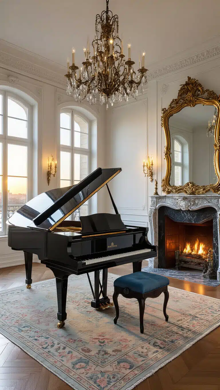 Elegant sunset-lit music room with baby grand piano, Louis XV chairs, marble fireplace, and ornate chandelier.