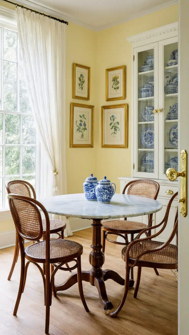 Sunlit breakfast room with Victorian marble bistro table, bentwood cane chairs, Delft china in glass cabinet, botanical prints on pale yellow walls, and lace-curtained windows.