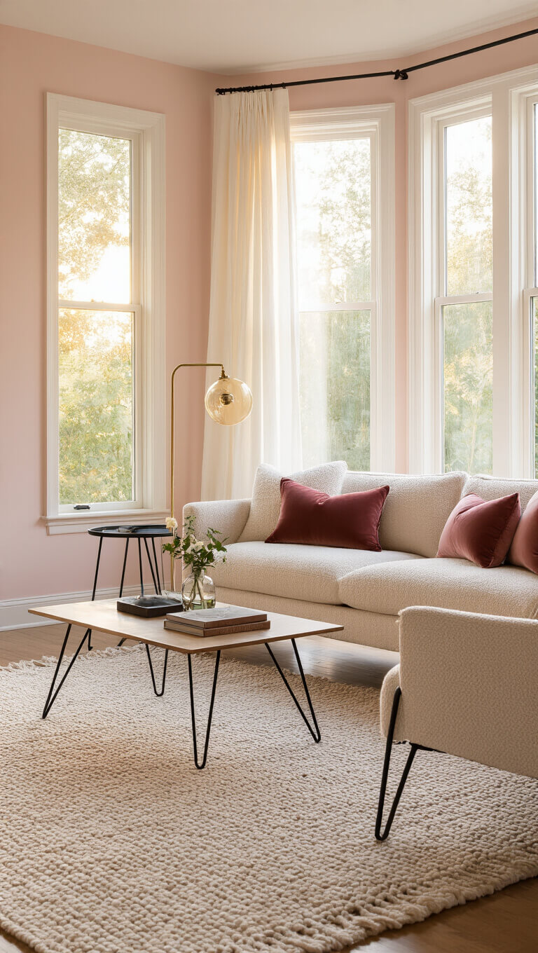 Blush pink living room at golden hour with cream bouclé sofa, sheer curtains, brass floor lamp, and layered textures in soft ivory and rose tones.