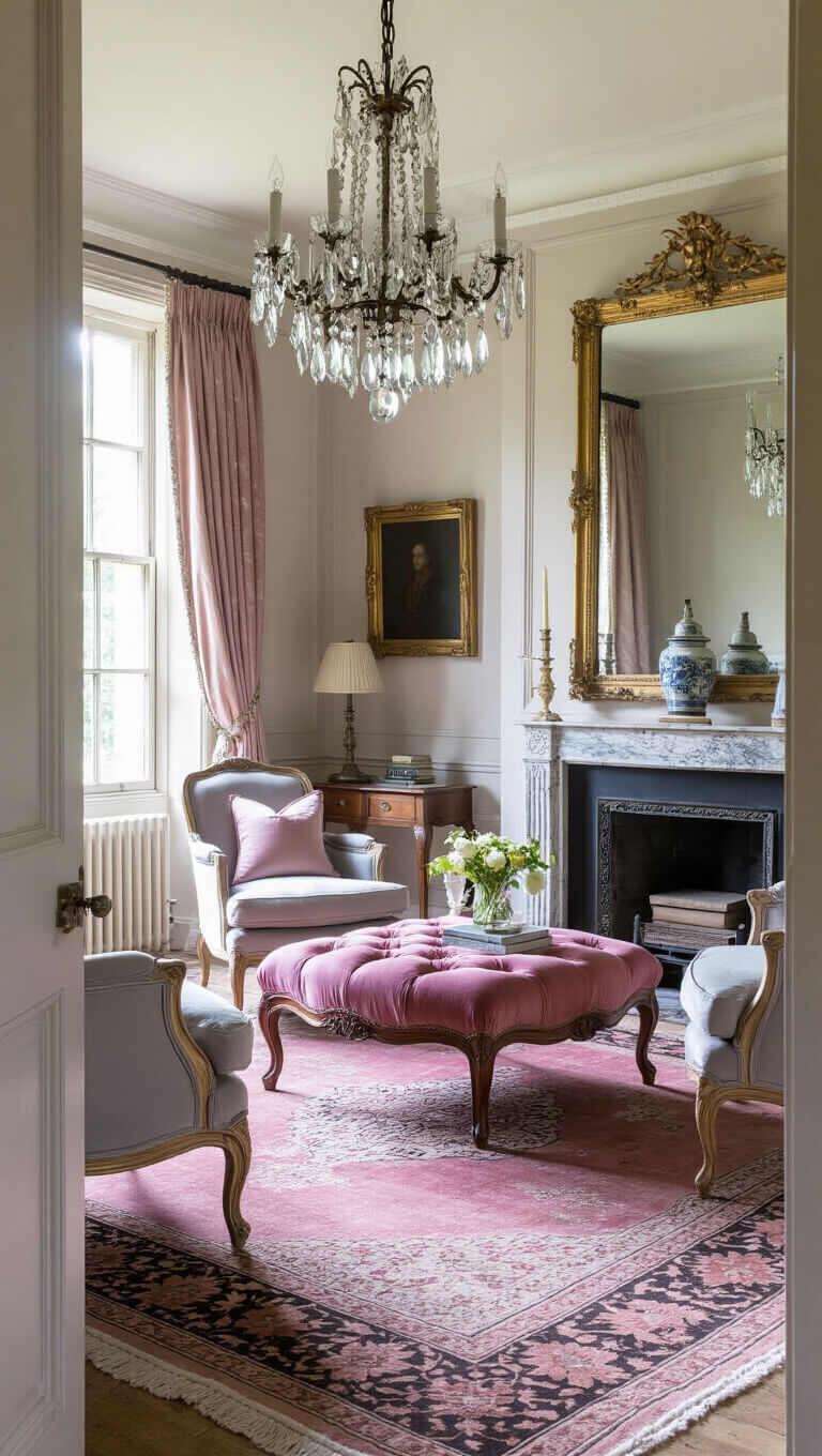 Elegant 12x14ft sitting room with 'Setting Plaster' walls, vintage chandelier, French provincial armchairs, rose velvet ottoman, marble fireplace, gold mirror, damask curtains, and Persian rug in soft natural light.