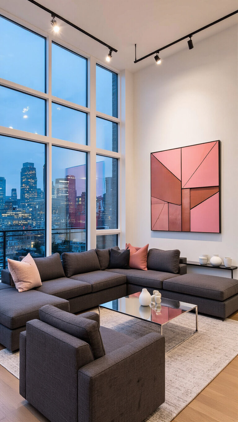 Open-concept contemporary living space at dusk with 'Memorable Rose' accent wall, charcoal sectional, chrome coffee table, city views through floor-to-ceiling windows, and geometric pink-copper art installation.