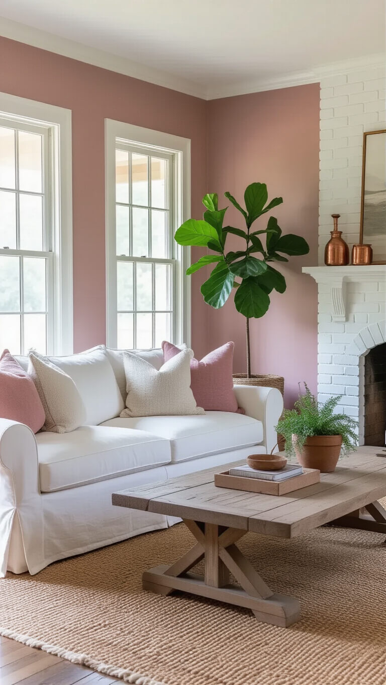 Cozy morning room with dusty rose walls, white linen sofa with pink pillows, distressed wood coffee table on seagrass rug, fiddle leaf fig, and white brick fireplace with copper accents in soft natural light.