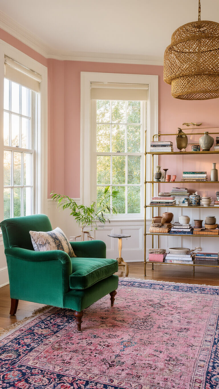 Eclectic 13x15ft sitting room bathed in golden hour light, featuring pink walls, vintage Persian rug over sisal, emerald velvet mid-century armchair, brass étagère with books and ceramics, and rattan pendant casting shadows.