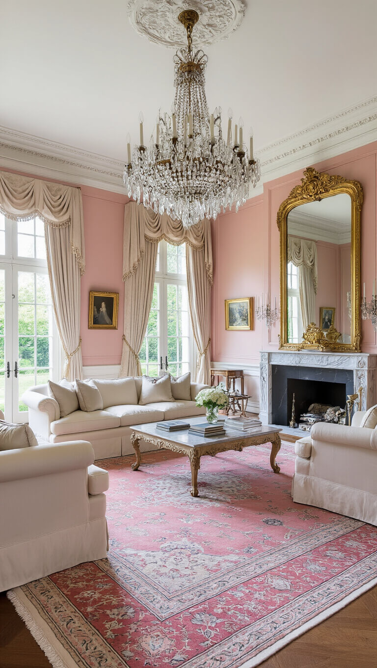 Formal living room with cream silk sofas, pink walls, chandelier, antique mirrors, and garden views through damask curtains.
