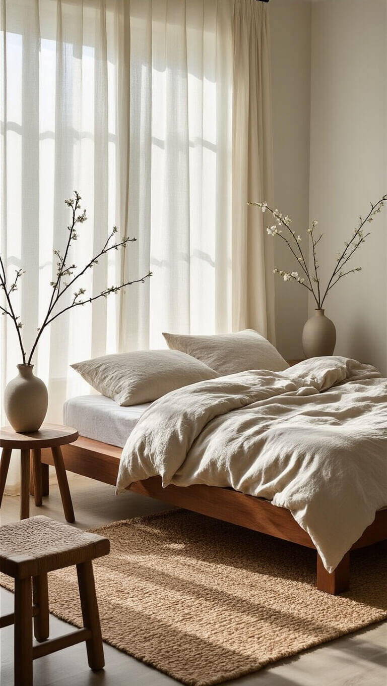 Cozy 12x14ft bedroom with low walnut bed, textured bedding, jute rug, and soft morning light filtering through linen curtains.