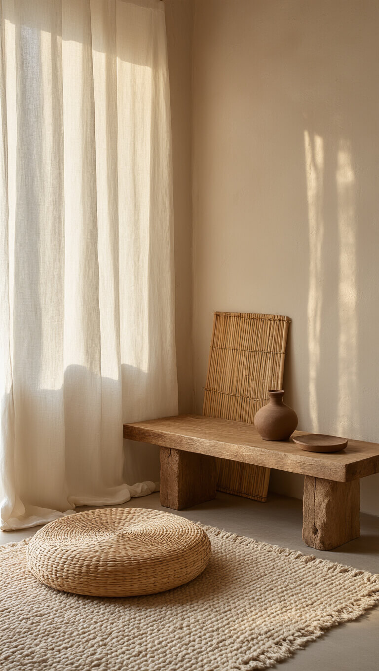 Cozy meditation nook in small sunlit alcove with rattan cushion, ivory wool rug, wooden table, incense holder, and soft curtain filtering golden hour light.