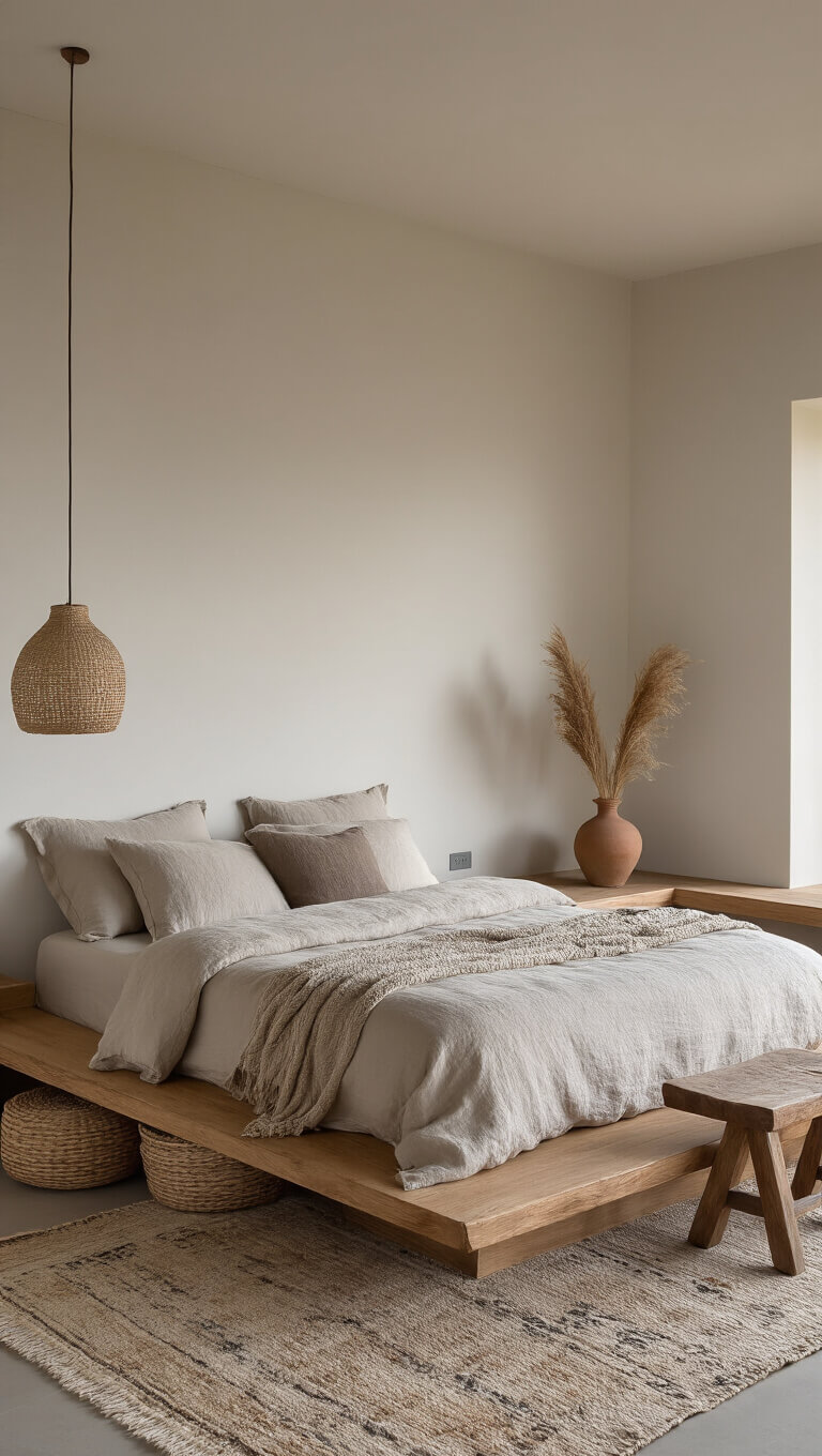 Minimalist master bedroom at dusk with oak platform bed, stonewashed linen, ceramic pendant light, vintage kilim rug, and rustic decor elements.
