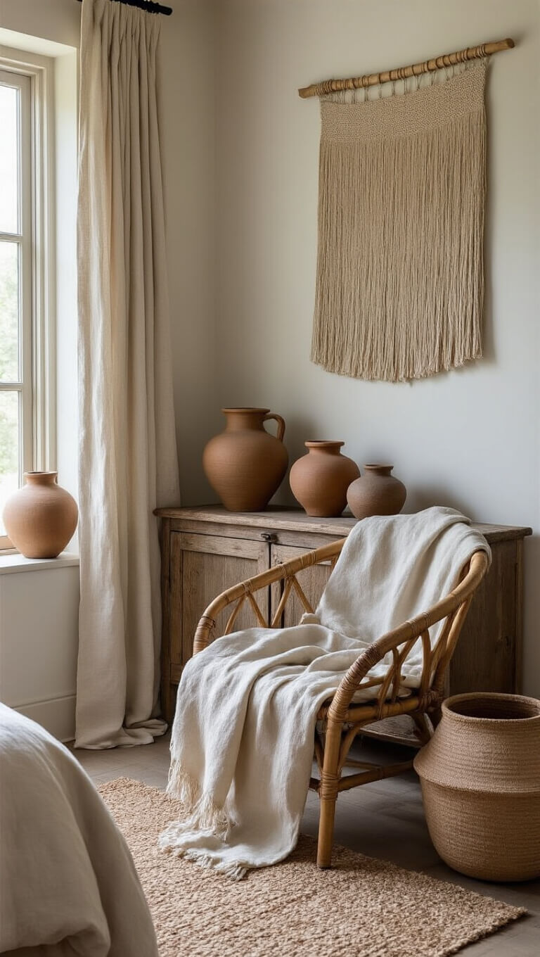 Cozy bedroom corner with pottery on wood console, linen throw on bamboo chair, and neutral wall hanging in soft daylight.