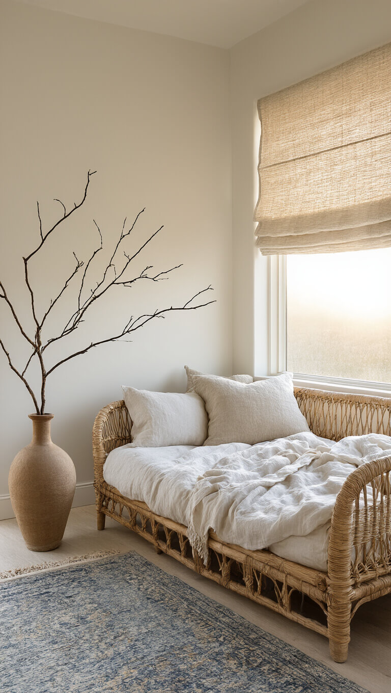 Sunlit 14x16ft bedroom with rattan daybed, linen cushions, ceramic vase with branch, roman shade, and indigo vintage rug.