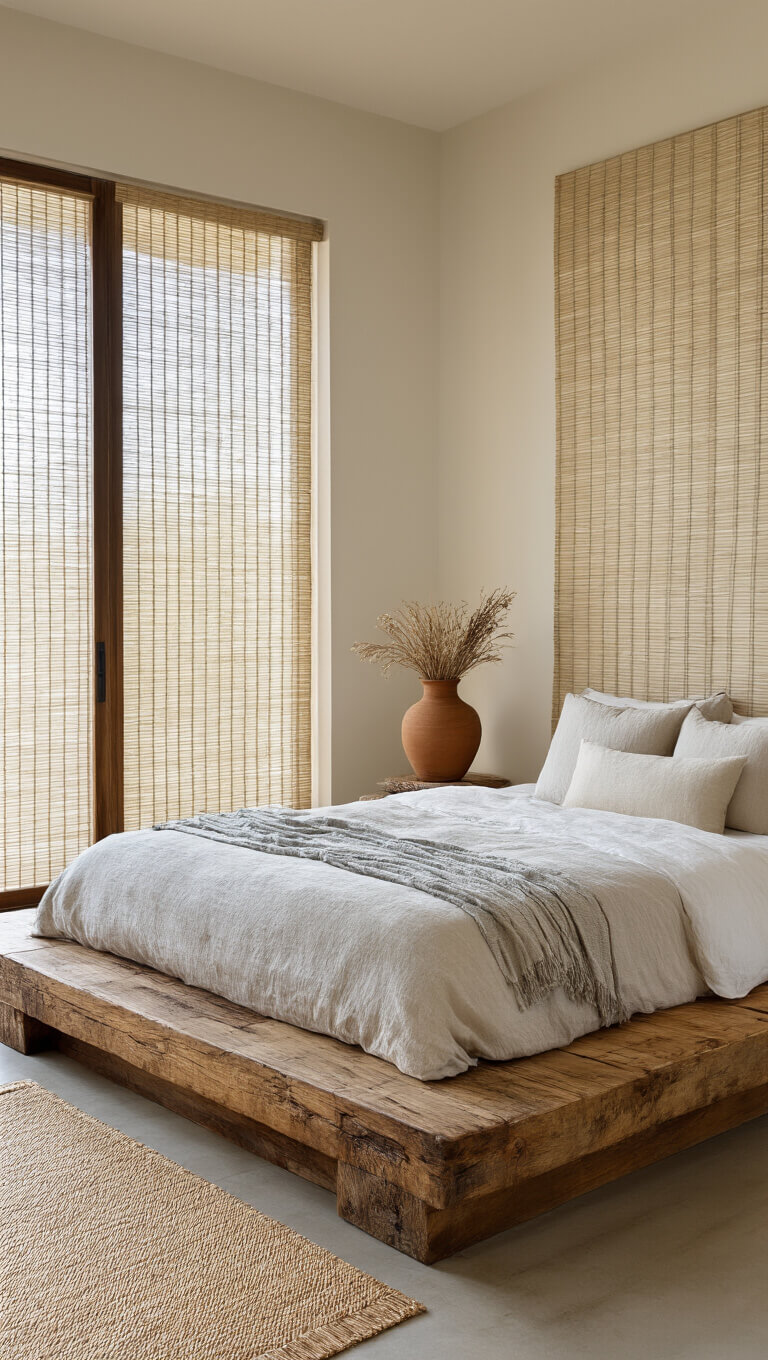 Zen-inspired 12x15ft bedroom with teak platform bed, layered organic bedding, handwoven mat, clay vessel with dried botanicals, and diffused natural light through sheer blinds.