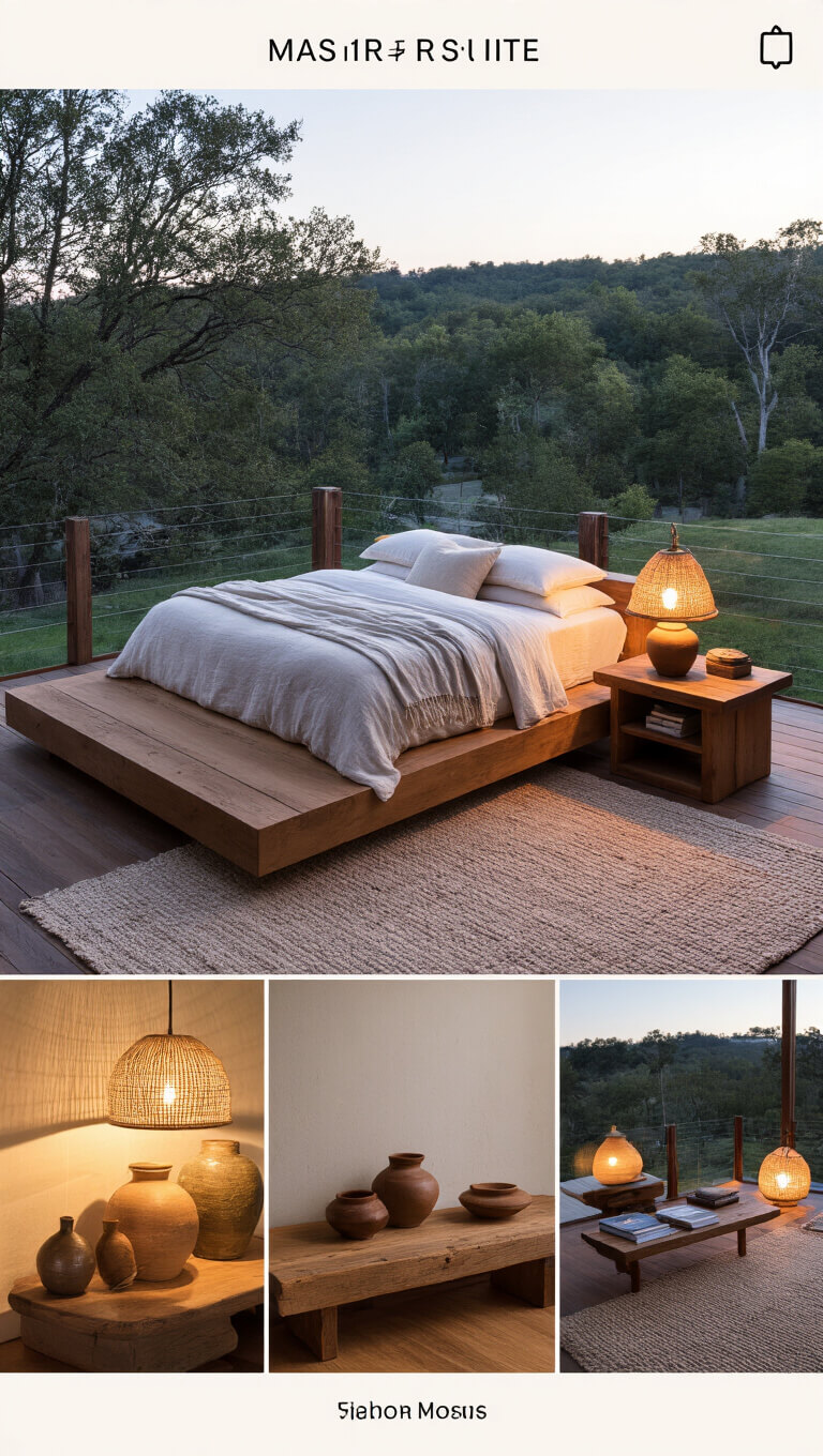 Master suite at twilight with oak bed, layered natural linens, vintage lamp, pendant lighting, and handmade pottery on wooden bench.