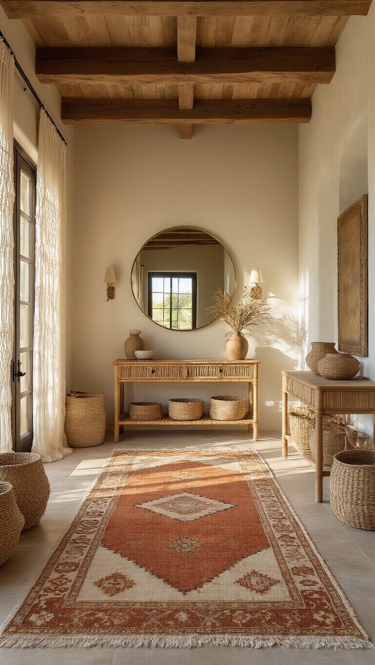 Golden hour light fills a high-ceilinged entryway with exposed wooden beams, a rattan console beneath a round brass mirror, layered rugs, handwoven baskets, and macramé curtains.
