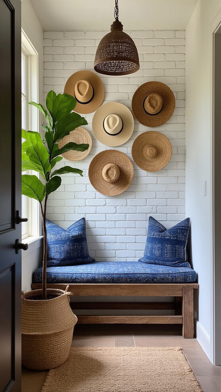Low-angle view of a cozy 6x8ft entryway with whitewashed brick walls, reclaimed wood bench with indigo cushions, vintage hats and woven plates on wall, fiddle leaf fig in ceramic pot, and pendant light casting shadows.