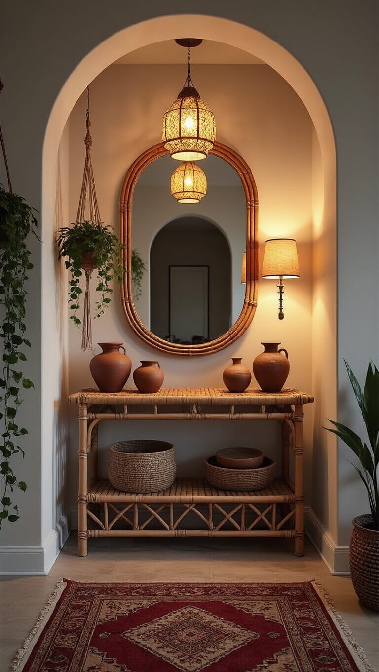 Cozy 7x9ft entryway at dusk with bamboo console, earth-toned ceramics, large antiqued mirror, layered Turkish rugs, macramé plant hangers, and warm amber lighting.