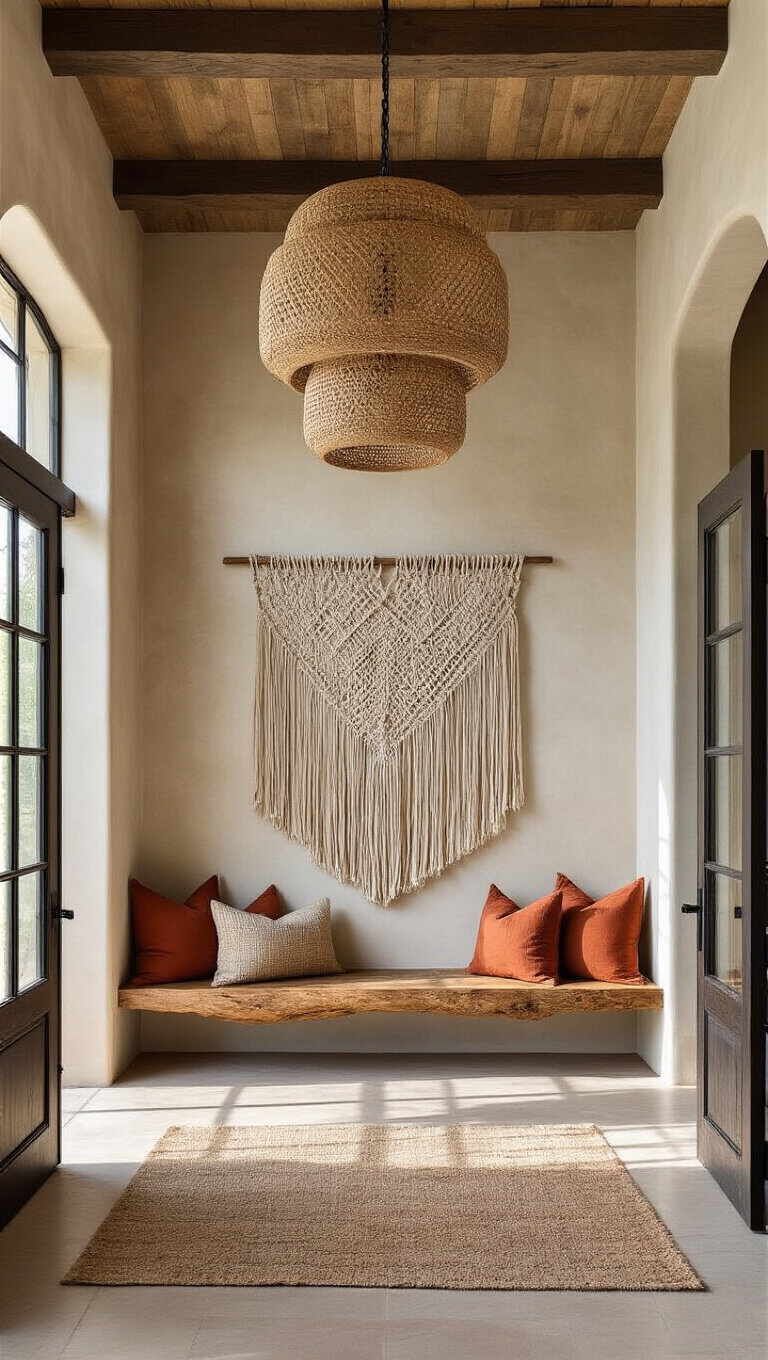 Symmetrical view of grand entryway with wrought iron double doors, floating wooden bench, oversized macramé art, rattan pendant lights, and colorful pillows in natural midday light.