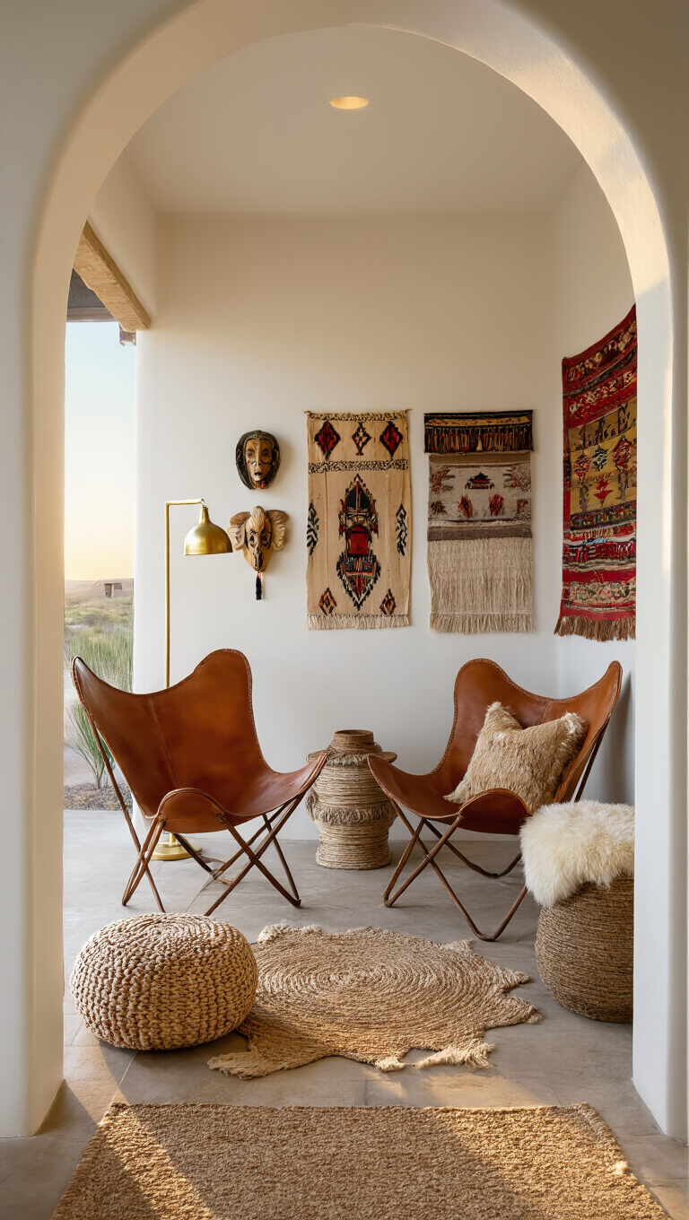 Bohemian entryway at sunrise with vintage butterfly chair, jute pouf, global gallery wall, and curved archway in warm golden lighting.