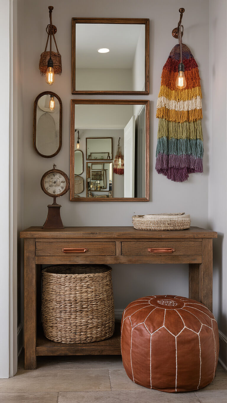 Twilight-lit entryway with reclaimed wood console, vintage mirrored gallery, cascading woven baskets, cognac Moroccan pouf, and tasseled rainbow wall hanging.
