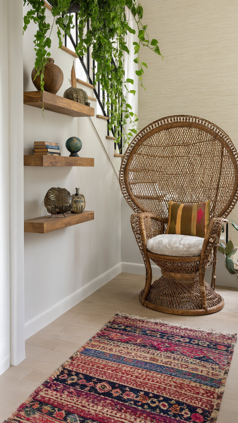 Split-level entryway with spiral rattan peacock chair, floating wooden shelves displaying global artifacts, layered jewel-toned kilim rugs, hanging plants, and textured grasscloth wallpaper in bright natural light.