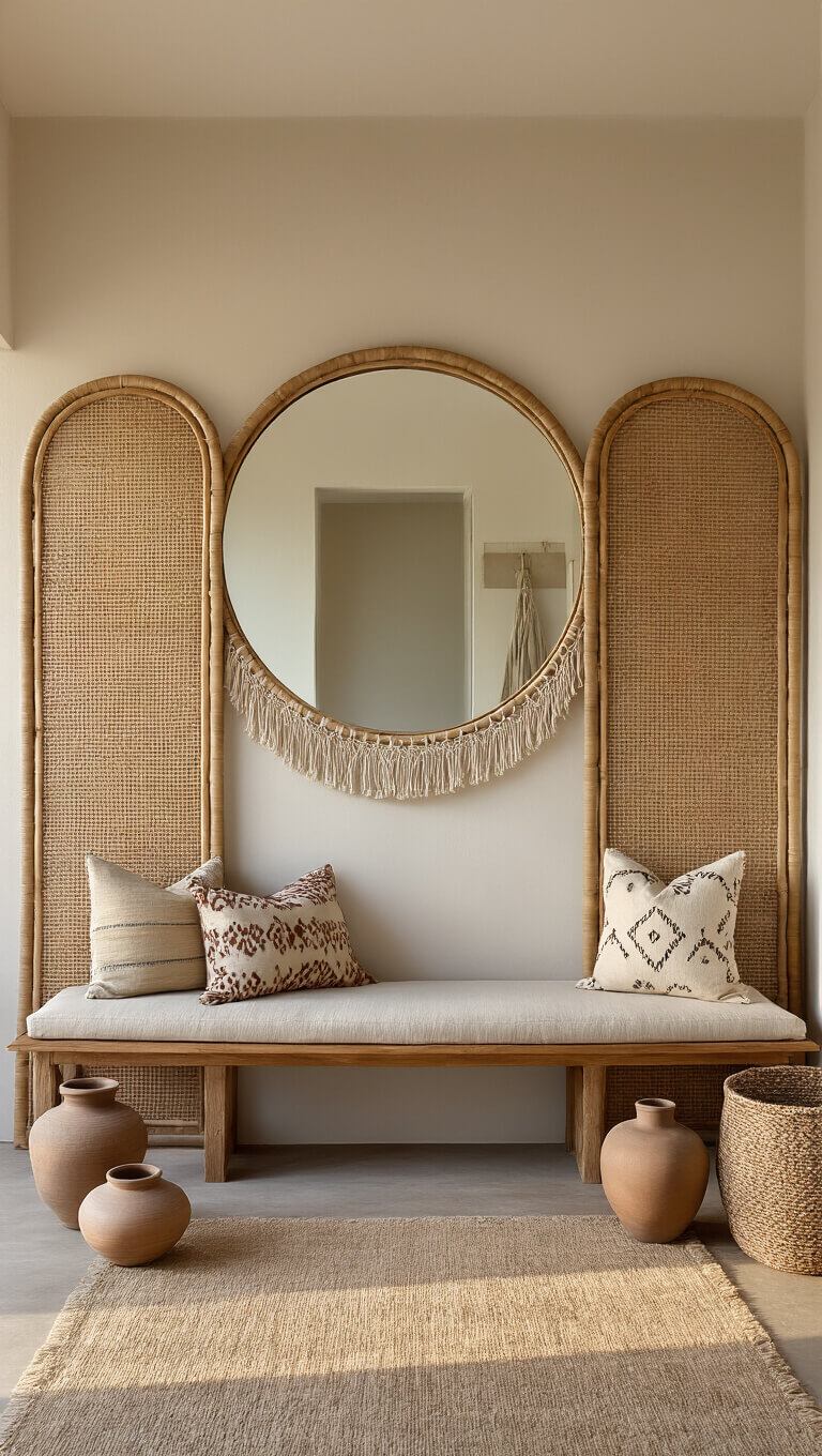 Minimalist boho entryway with rattan room divider, wooden bench with neutral mudcloth cushions, macramé-framed circular mirror, and ceramic vessels, lit by warm sunset lighting.