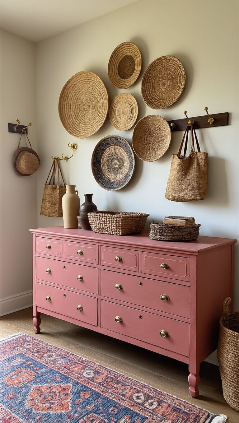Eclectic 8x9ft entryway with desert rose vintage dresser, indigenous basket wall art, layered indigo and rust rugs, brass coat hooks with woven bags, in soft morning light.