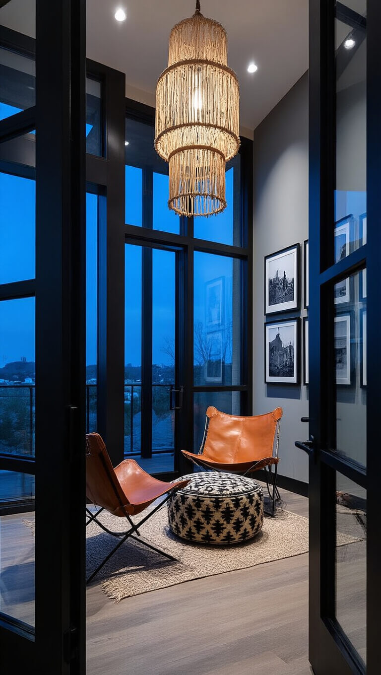 Dramatic blue hour entryway with black-framed glass doors, macramé pendant light casting shadows, leather sling chair, tribal-print ottoman, and black-and-white travel photo gallery wall.