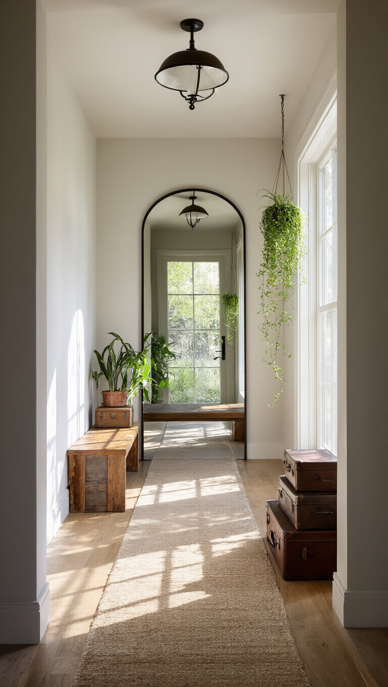 Narrow 7x12ft entryway with reclaimed teak floating bench, oversized arched mirror, stacked vintage suitcases, and hanging air plants in natural sidelight.