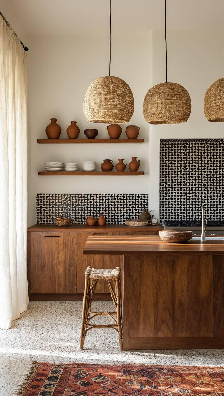 Sunlit kitchen with warm white walls, black Ankara-patterned tile backsplash, mahogany island under woven pendant lights, mud cloth runners on terrazzo floor, and open shelves displaying African ceramics.