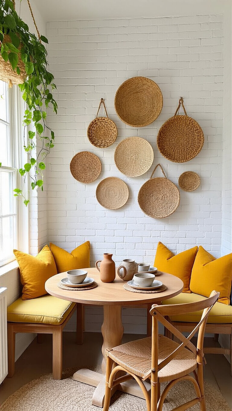 Cozy breakfast nook with warm white brick wall, handwoven basket gallery, round wooden table set with olive wood and ceramic pieces, mustard-cushioned bistro chairs, and cascading plants in macramé hangers.