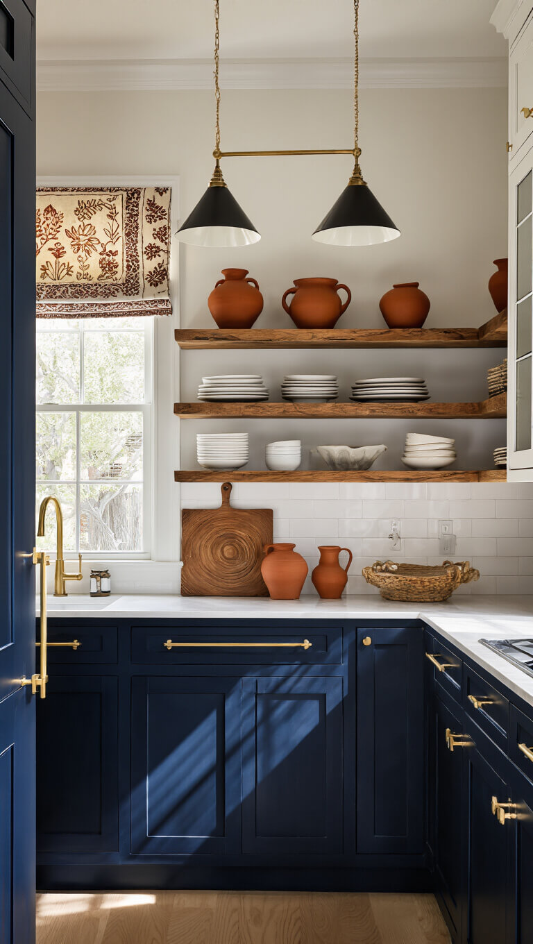 L-shaped kitchen at dusk with dramatic pendant lighting, indigo lower cabinets, brass hardware, warm white uppers, wooden shelves displaying earthenware, and batik Roman shade filtering light.
