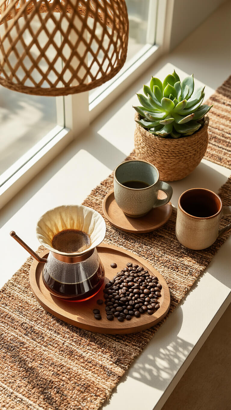 Close-up of cozy coffee station with ceramic mugs on carved tray, copper pour-over, succulent in woven planter, and spilled coffee beans, lit by morning light through pendant lamp.