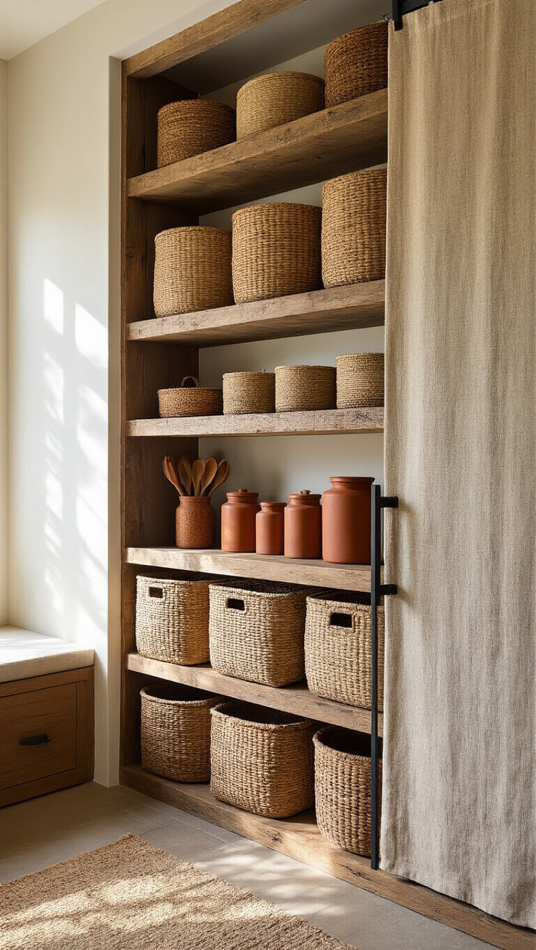 Vertical shot of a tall pantry wall with open reclaimed wood shelves holding woven baskets, terracotta canisters, and olive wood utensils; mud cloth sliding door and late afternoon light enhance natural textures.