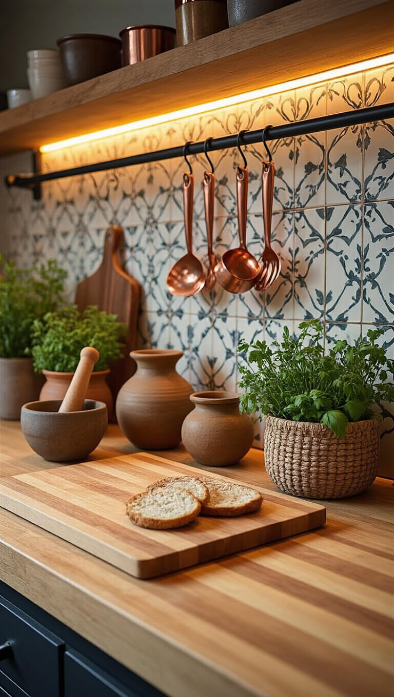 Warm-lit kitchen prep area with butcher block counter, earth-toned pottery, wooden mortar and pestle, fresh herbs in woven planter, copper utensils on black rail, and geometric tile backsplash.